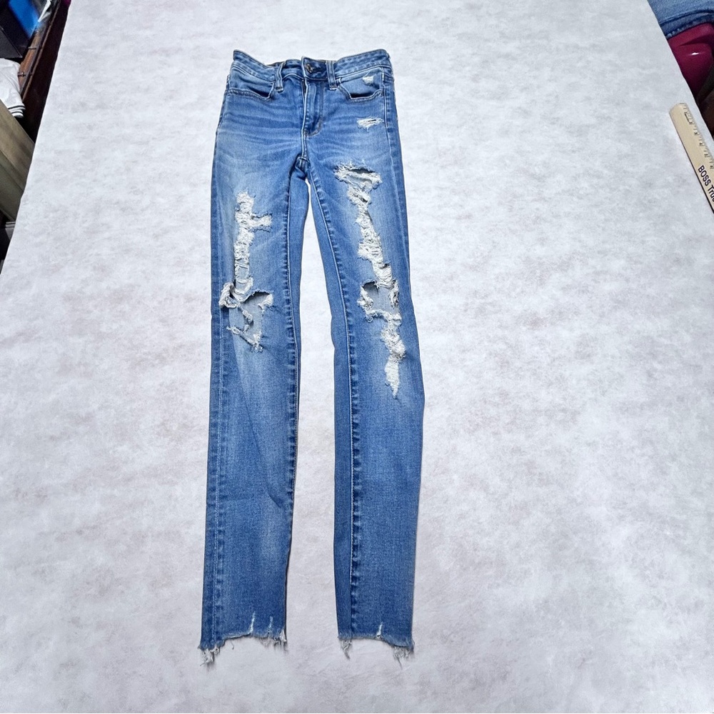 American Eagle Outfitters Distressed Hi-Rise Blue Skinny Jeans Design‎ OOR